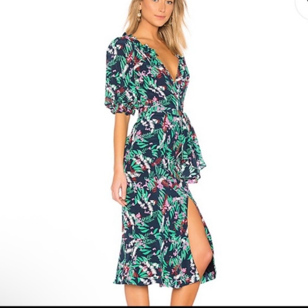 Saloni Olivia Green Print Silk Midi Dress NWOT